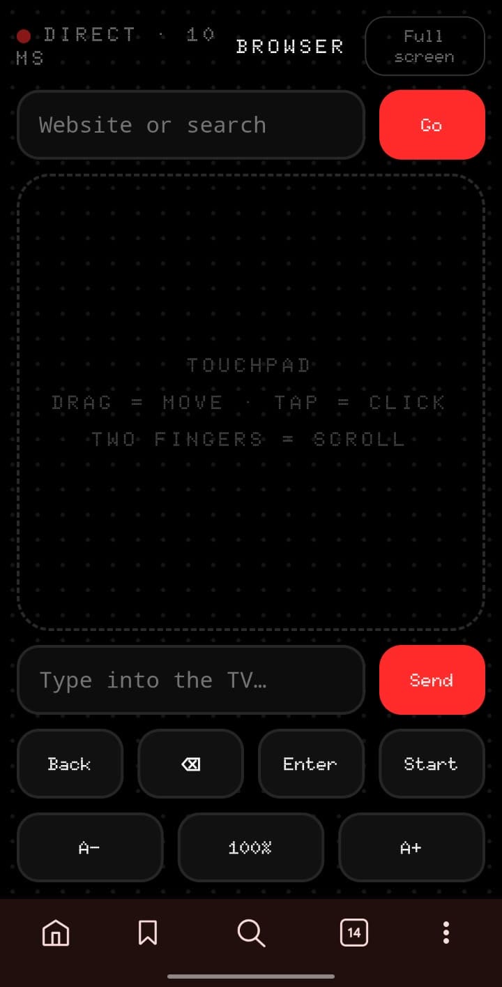 The phone controller in browser mode: status 'Direct · 7 ms', a URL bar, a large touchpad and a type box.