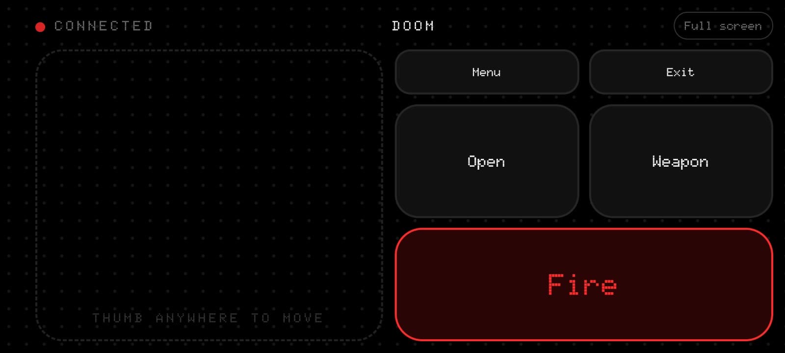 The phone controller in Doom mode, landscape: a thumb area on the left; Menu, Exit, Open, Weapon and a large red Fire button on the right.